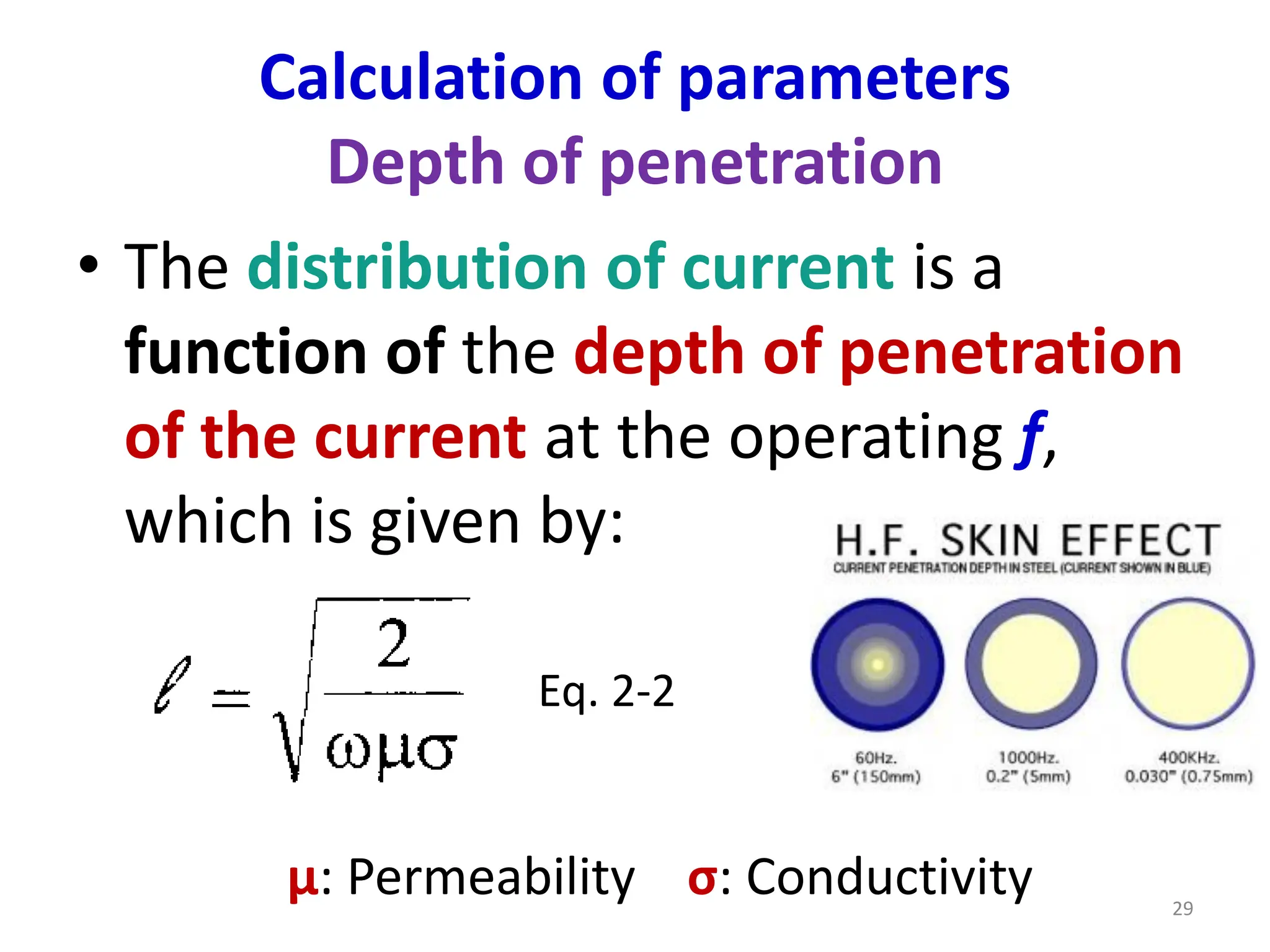 Calculation of parameters
Depth of penetration
• The distribution of current is a
function of the depth of penetration
of the current at the operating f,
which is given by:
μ: Permeability σ: Conductivity
Eq. 2-2
29
 
