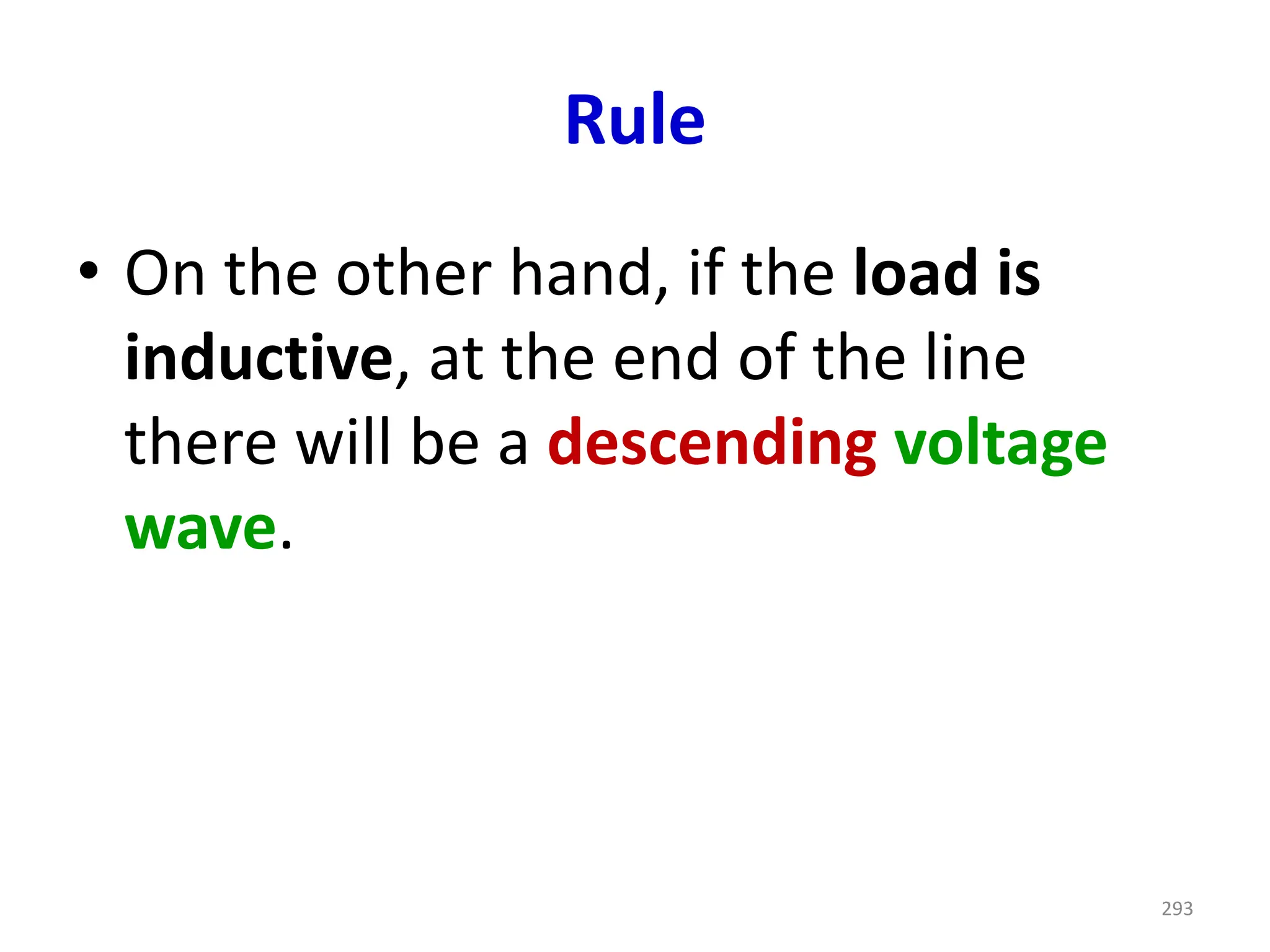 Rule
• On the other hand, if the load is
inductive, at the end of the line
there will be a descending voltage
wave.
293
 