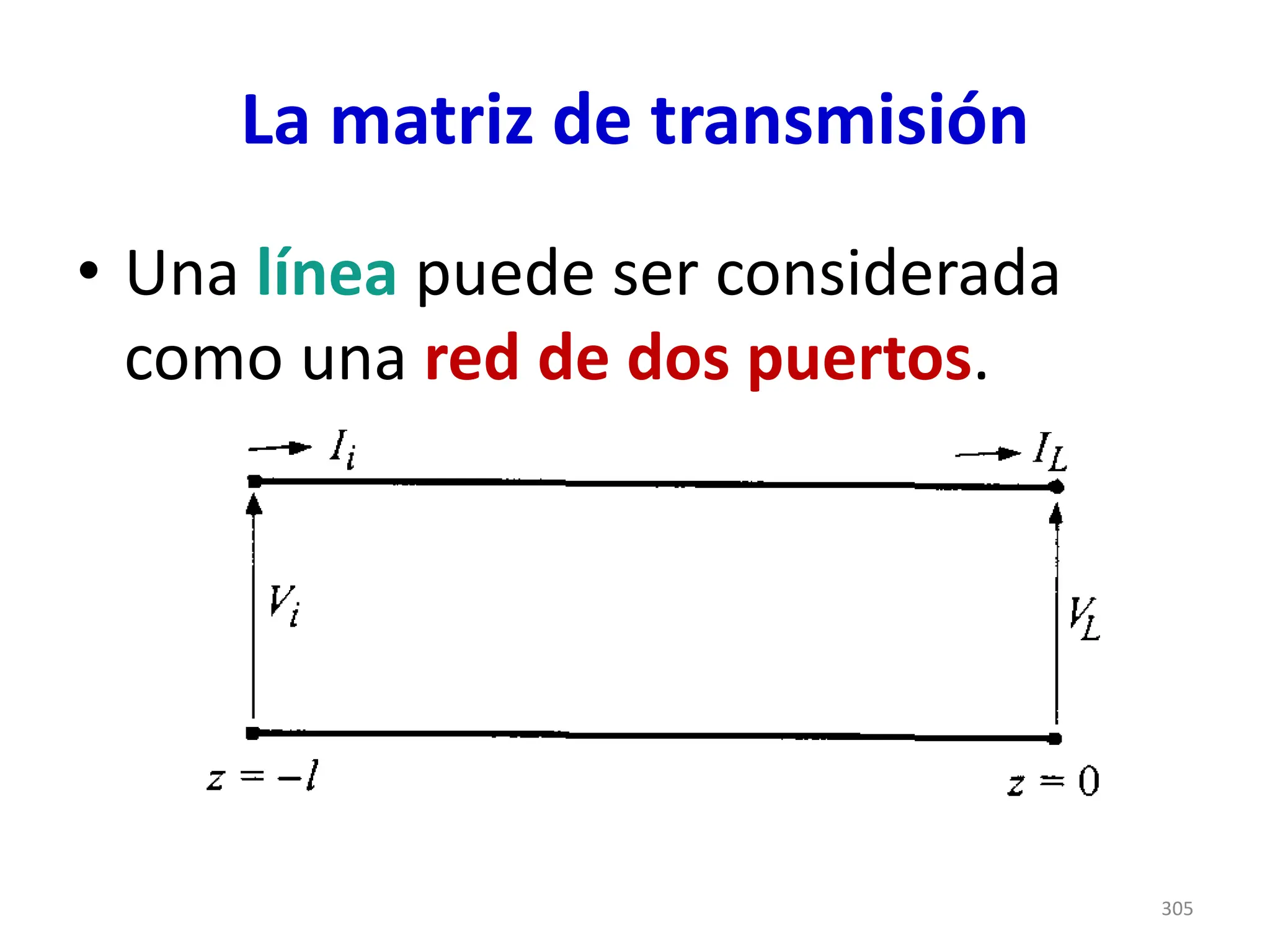 La matriz de transmisión
• Una línea puede ser considerada
como una red de dos puertos.
305
 