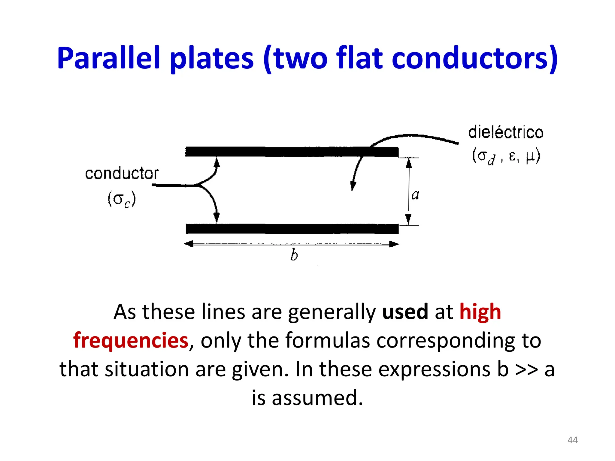 Parallel plates (two flat conductors)
As these lines are generally used at high
frequencies, only the formulas corresponding to
that situation are given. In these expressions b >> a
is assumed.
44
 