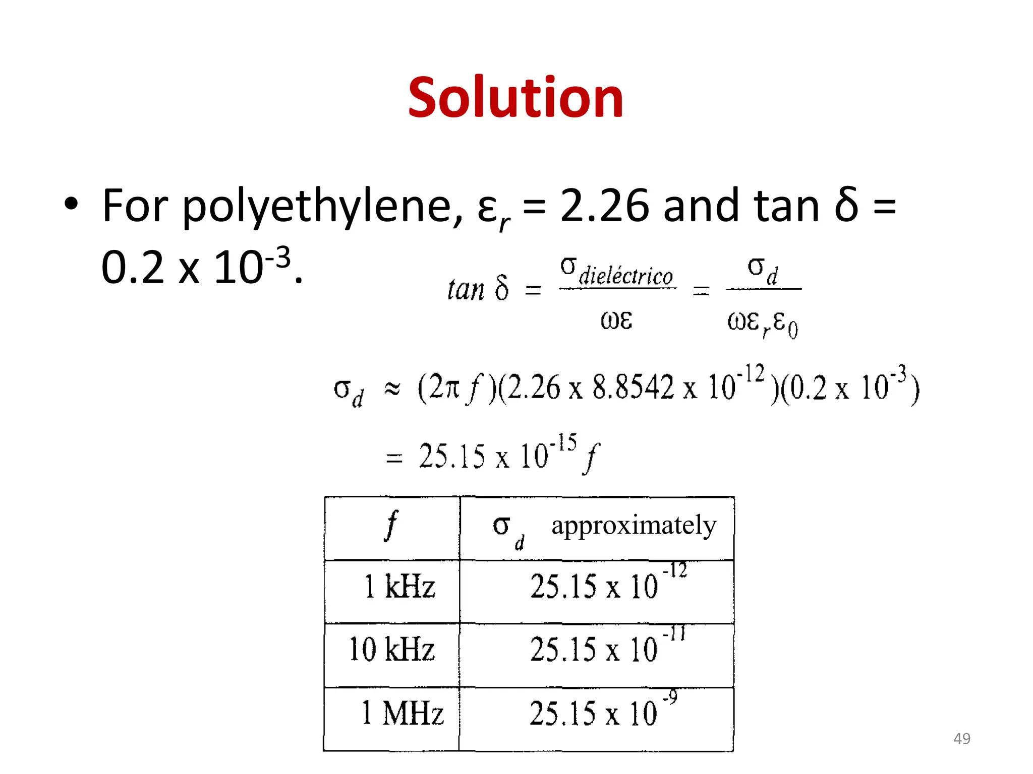 Solution
• For polyethylene, ɛr = 2.26 and tan δ =
0.2 x 10-3.
49
approximately
 