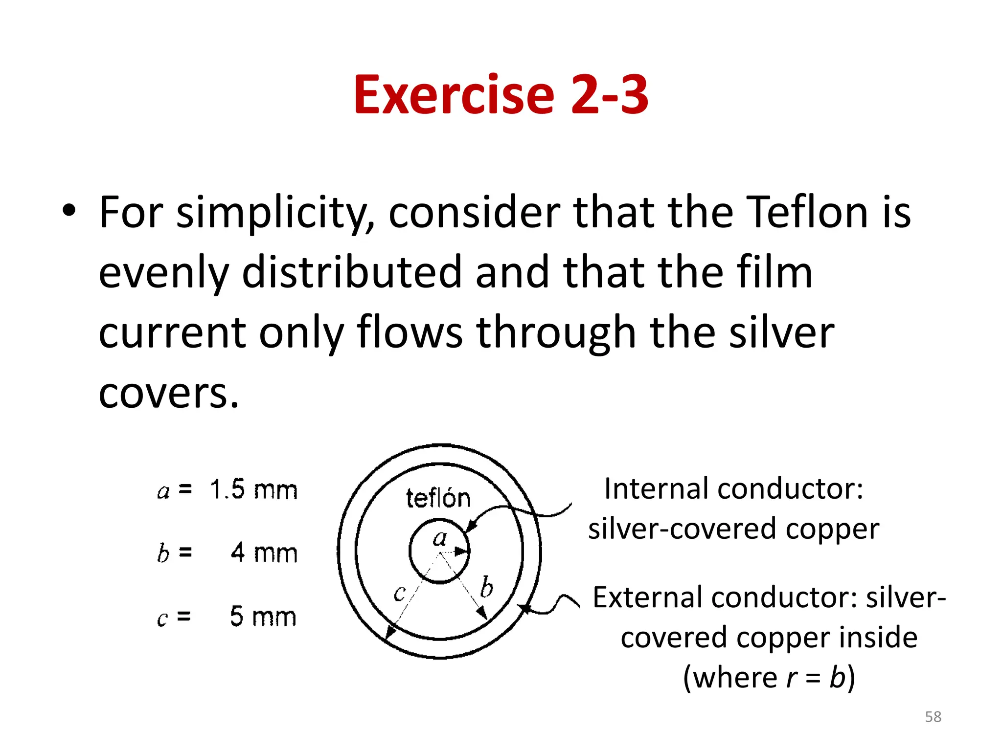 Exercise 2-3
• For simplicity, consider that the Teflon is
evenly distributed and that the film
current only flows through the silver
covers.
58
Internal conductor:
silver-covered copper
External conductor: silver-
covered copper inside
(where r = b)
 