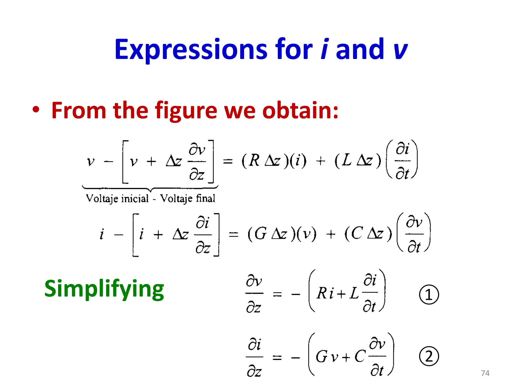 Expressions for i and v
• From the figure we obtain:
Simplifying ①
②
74
 