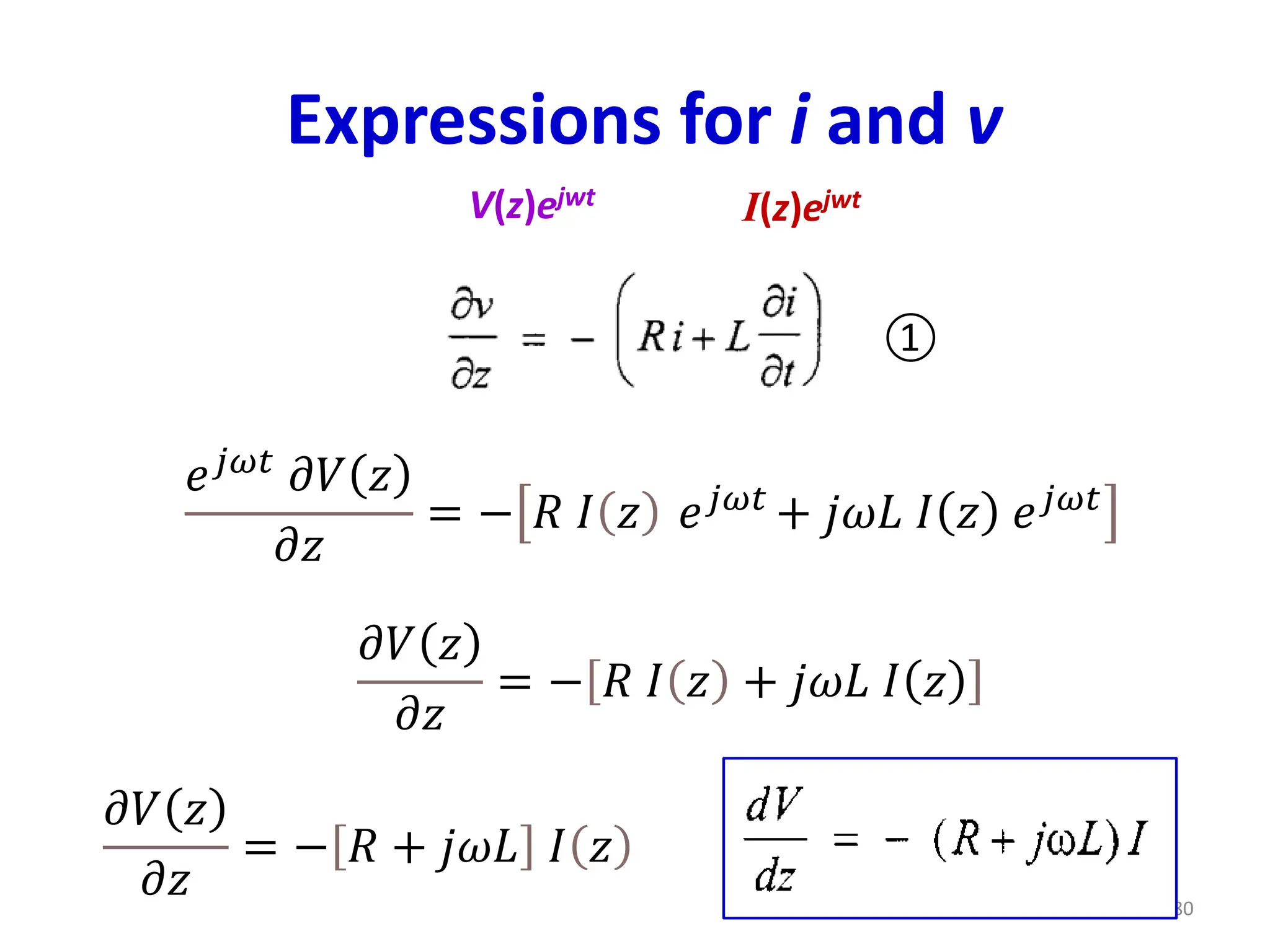 Expressions for i and v
80
V(z)ejwt
I(z)ejwt
𝑒𝑗𝜔𝑡 𝜕𝑉 𝑧
𝜕𝑧
= − 𝑅 𝐼 𝑧 𝑒𝑗𝜔𝑡
+ 𝑗𝜔𝐿 𝐼 𝑧 𝑒𝑗𝜔𝑡
𝜕𝑉 𝑧
𝜕𝑧
= − 𝑅 𝐼 𝑧 + 𝑗𝜔𝐿 𝐼 𝑧
𝜕𝑉 𝑧
𝜕𝑧
= − 𝑅 + 𝑗𝜔𝐿 𝐼 𝑧
①
 