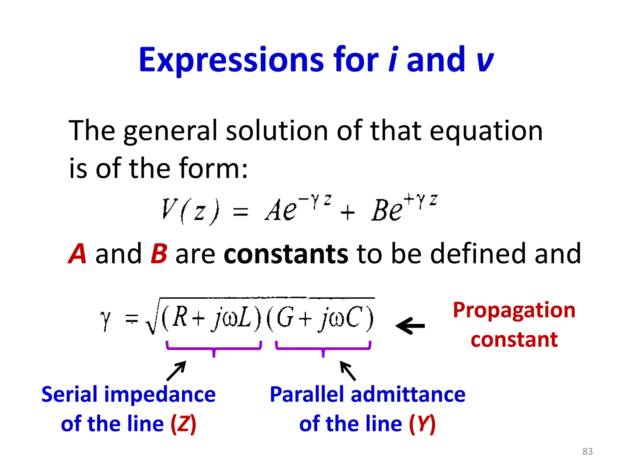 Expressions for i and v
The general solution of that equation
is of the form:
A and B are constants to be defined and
Propagation
constant
Serial impedance
of the line (Z)
Parallel admittance
of the line (Y)
83
 