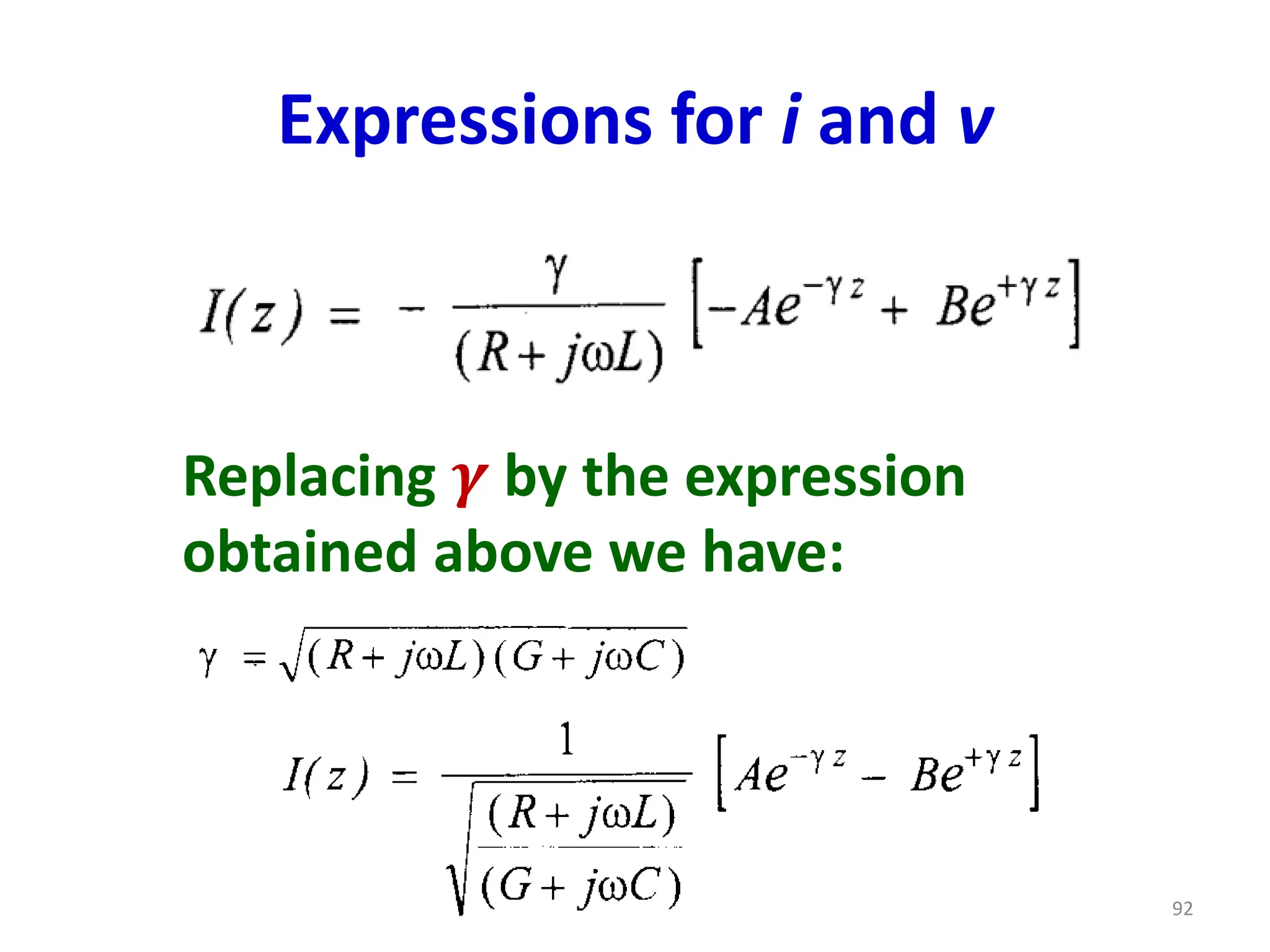 Expressions for i and v
92
Replacing 𝜸 by the expression
obtained above we have:
 