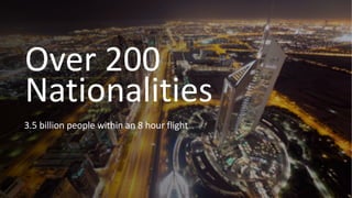 3.5 billion people within an 8 hour flight
Over 200
Nationalities
 