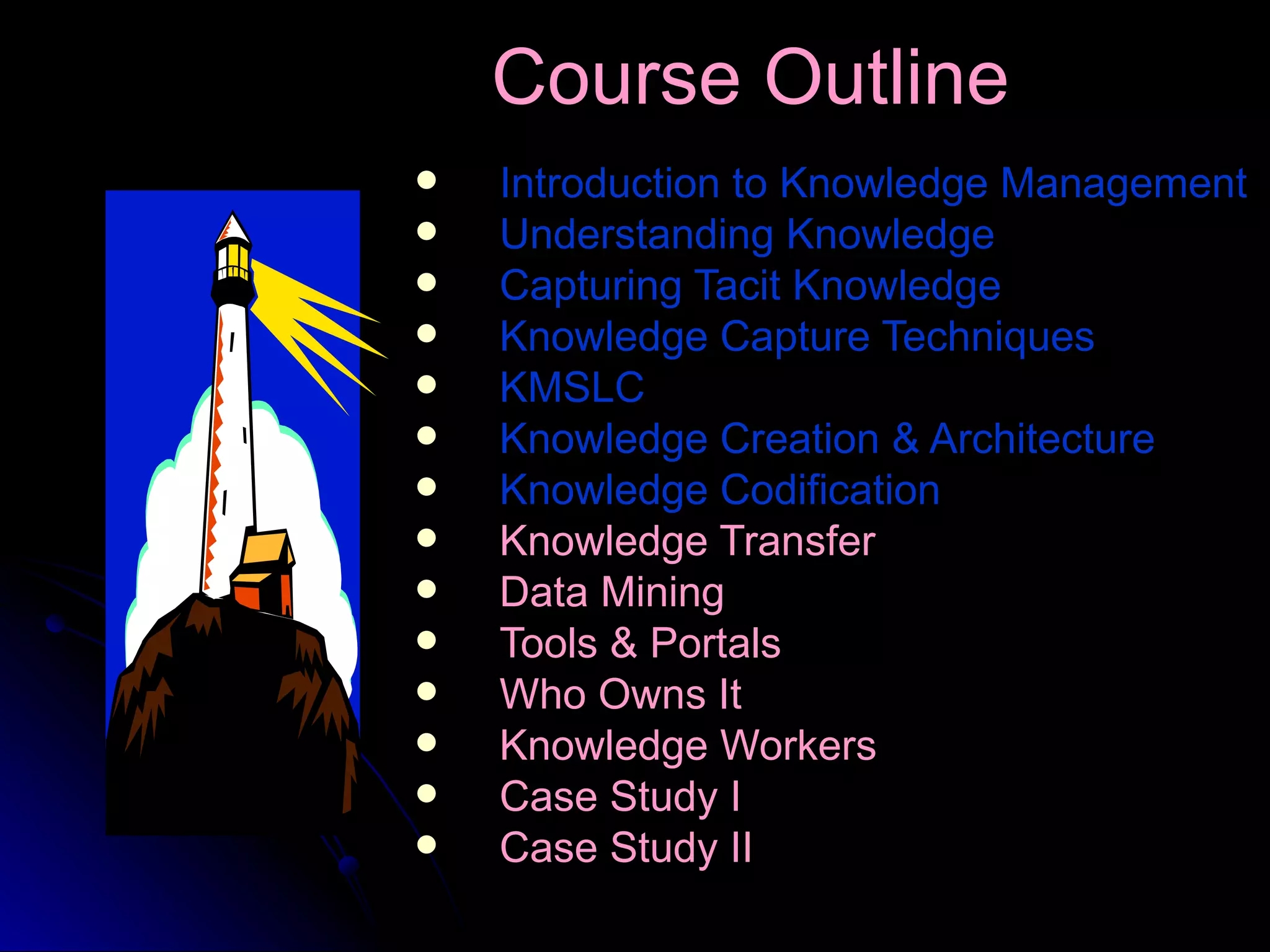 Introduction to Knowledge Management Understanding Knowledge Capturing Tacit Knowledge Knowledge Capture Techniques KMSLC Knowledge Creation & Architecture   Knowledge Codification Knowledge Transfer Data Mining Tools & Portals Who Owns It Knowledge Workers Case Study I Case Study II Course Outline   