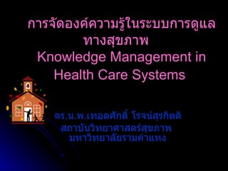 ดร . น . พ . เทอดศักดิ์ โรจน์สุรกิตติ สถาบันวิทยาศาสตร์สุขภาพ   มหาวิทยาลัยรามคำแหง การจัดองค์ความรู้ในระบบการดูแลทางสุขภาพ   Knowledge Management in Health Care Systems   