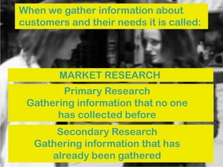 When we gather information about
customers and their needs it is called:
MARKET RESEARCH
Primary Research
Gathering information that no one
has collected before
Secondary Research
Gathering information that has
already been gathered
 
