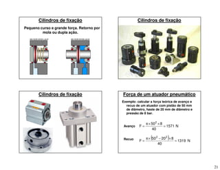 21
Cilindros de fixação
Pequeno curso e grande força. Retorno por
mola ou dupla ação.
Cilindros de fixação
Cilindros de fixação Força de um atuador pneumático
Exemplo: calcular a força teórica de avanço e
recuo de um atuador com pistão de 50 mm
de diâmetro, haste de 20 mm de diâmetro e
pressão de 8 bar.
N
1571
40
8
50
F
2
=
×
×
π
=
( ) N
1319
40
8
20
50
F
2
2
=
×
−
×
π
=
Avanço
Recuo
 