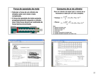 22
Força de oposição da mola
 Calcular a força de um cilindro de
simples ação com mola é mais
complicado.
 A força de oposição da mola aumenta
progressivamente enquanto o cilindro
atua. Esta força deverá ser subtraída da
força teórica encontrada.
Consumo de ar do cilindro
Para um cilindro de dupla ação o volume de ar
necessário é dado por um ciclo completo.
 Avanço
 Recuo
Onde:
D = diâmetro do êmbolo (mm)
d = diâmetro da haste (mm)
V = volume de ar (dm3)
S = curso (mm)
Ps = pressão manométrica de trabalho (bar)
Pa = pressão atmosférica (assumido com sendo 1 bar)
6
2
10
)
Pa
Ps
(
S
4
D
V −
×
+
×
×
×
π
=
( ) 6
2
2
10
)
Pa
Ps
(
S
4
d
D
V −
×
+
×
×
−
×
π
=
 