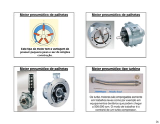 26
Motor pneumático de palhetas
Este tipo de motor tem a vantagem de
possuir pequeno peso e ser de simples
construção.
Motor pneumático de palhetas
Motor pneumático de palhetas Motor pneumático tipo turbina
Os turbo-motores são empregados somente
em trabalhos leves como por exemplo em
equipamentos dentários que podem chegar
a 500.000 rpm. O modo de trabalhar é o
contrario de um turbo-compressor.
 
