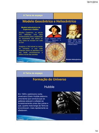 18/11/2014 
14 
Modelo Geocêntrico e Heliocêntrico 
Modelo heliocêntrico de 
Copérnico e Galileu 
Nicolau Copérnico, no século XVI, defendeu uma ideia revolucionária para a explicação do movimento dos astros no céu: todos se moviam em volta do Sol. 
Imaginou o Sol imóvel no centro do Universo, à sua volta rodavam todos os planetas e no seu limite encontrava-se a esfera móvel das estrelas 
Nicolau Copérnico (1473- 1543) - Astrónomo e matemático polaco. 
Modelo Heliocêntrico 
Galileu Galilei (1564- 1642) - foi um físico, matemático, astrónomo e filósofo italiano. 
Hubble 
Em 1929 o astrónomo norte- americano Edwin Hubble elaborou uma teoria que concluía que as galáxias estavam a afastar-se sucessivamente umas das outras e que, quanto mais longe da Terra se encontravam, mais rapidamente se afastavam. 
Formação do Universo  