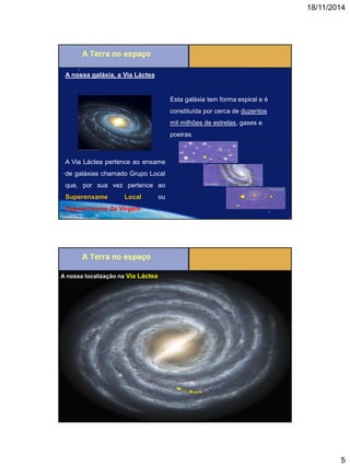 18/11/2014 
5 
A nossa galáxia, a Via Láctea 
Esta galáxia tem forma espiral e é constituída por cerca de duzentos mil milhões de estrelas, gases e poeiras. 
A Via Láctea pertence ao enxame de galáxias chamado Grupo Local que, por sua vez pertence ao Superenxame Local ou Superenxame da Virgem. 
A nossa localização na Via Láctea  