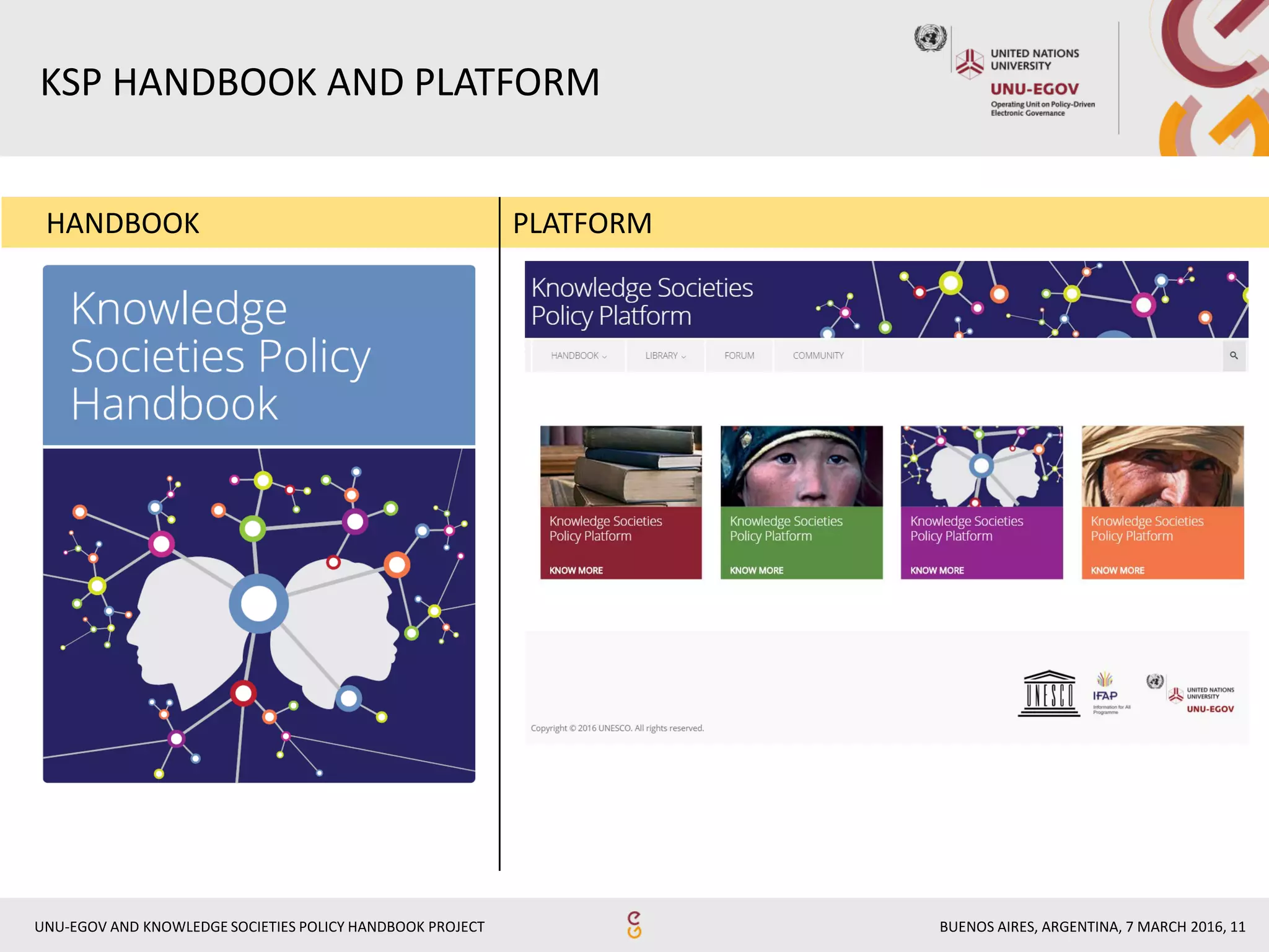 BUENOS AIRES, ARGENTINA, 7 MARCH 2016, 11UNU-EGOV AND KNOWLEDGE SOCIETIES POLICY HANDBOOK PROJECT
HANDBOOK PLATFORM
KSP HANDBOOK AND PLATFORM
 