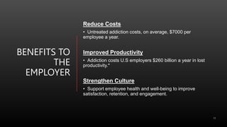 BENEFITS TO
THE
EMPLOYER
Reduce Costs
• Untreated addiction costs, on average, $7000 per
employee a year.
Improved Productivity
• Addiction costs U.S employers $260 billion a year in lost
productivity.*
Strengthen Culture
• Support employee health and well-being to improve
satisfaction, retention, and engagement.
11
 