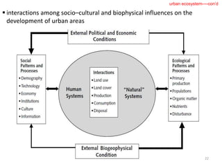 22
 interactions among socio–cultural and biophysical influences on the
development of urban areas
urban ecosystem----con’d
 