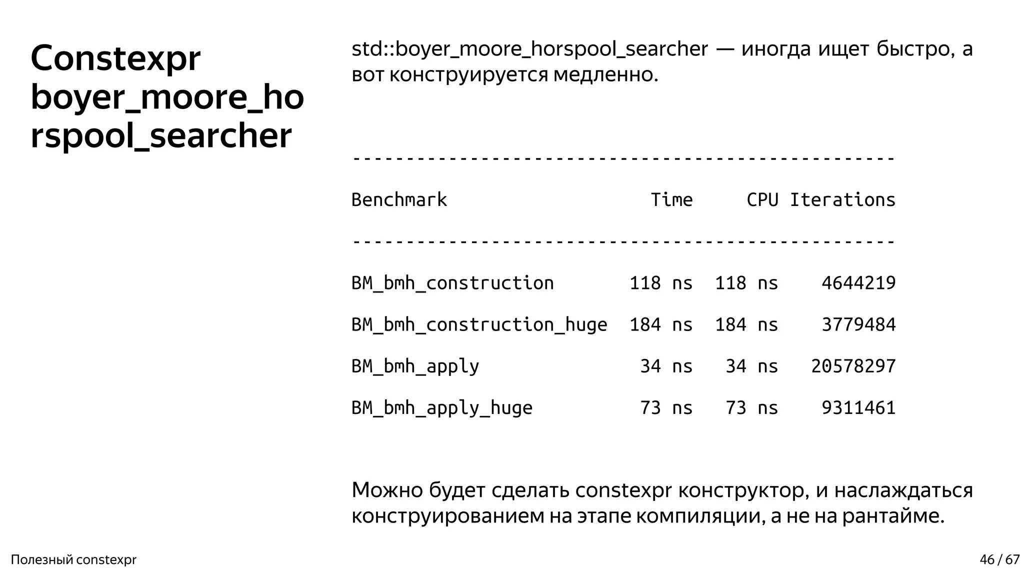 Constexpr
boyer_moore_ho
rspool_searcher
std::boyer_moore_horspool_searcher — иногда ищет быстро, а
вот конструируется медленно.
---------------------------------------------------
Benchmark Time CPU Iterations
---------------------------------------------------
BM_bmh_construction 118 ns 118 ns 4644219
BM_bmh_construction_huge 184 ns 184 ns 3779484
BM_bmh_apply 34 ns 34 ns 20578297
BM_bmh_apply_huge 73 ns 73 ns 9311461
Можно будет сделать constexpr конструктор, и наслаждаться
конструированием на этапе компиляции, а не на рантайме.
Полезный constexpr 46 / 67
 