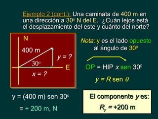 Ejemplo 2 (cont.): Una caminata de 400 m en
   una dirección a 30o N del E. ¿Cuán lejos está
   el desplazamiento del este y cuánto del norte?
   N                   Nota: y es el lado opuesto
   400 m                   al ángulo de 300
               y=?
       30ο
                  E      OP = HIP x sen 300
       x=?
                             y = R sen θ

y = (400 m) sen 30o        El componente y es:
  = + 200 m, N                Ry = +200 m
 