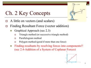 Ch. 2 Key Concepts
 A little on vectors (and scalars)
 Finding Resultant Force (vector addition)
 Graphical Approach (s...