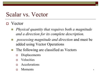 Scalar vs. Vector
 Vector
 Physical quantity that requires both a magnitude
and a direction for its complete description...