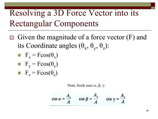 EXAMPLE
1) Using geometry and trigonometry, write F1 and F2 in
Cartesian vector form.
2) Then add the two forces (by addin...