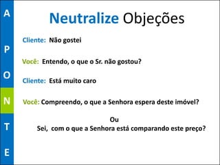 A
            Neutralize Objeções
    Cliente: Não gostei
P
    Você: Entendo, o que o Sr. não gostou?

O   Cliente: Está muito caro

N   Você: Compreendo, o que a Senhora espera deste imóvel?

                              Ou
T       Sei, com o que a Senhora está comparando este preço?


E
 