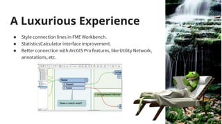 A Luxurious Experience
● Style connection lines in FME Workbench.
● StatisticsCalculator interface improvement.
● Better connection with ArcGIS Pro features, like Utility Network,
annotations, etc.
 