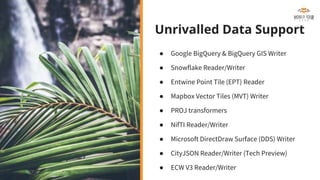 Unrivalled Data Support
● Google BigQuery & BigQuery GIS Writer
● Snowflake Reader/Writer
● Entwine Point Tile (EPT) Reader
● Mapbox Vector Tiles (MVT) Writer
● PROJ transformers
● NifTI Reader/Writer
● Microsoft DirectDraw Surface (DDS) Writer
● CityJSON Reader/Writer (Tech Preview)
● ECW V3 Reader/Writer
 