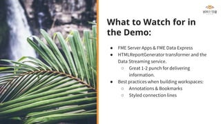 What to Watch for in
the Demo:
● FME Server Apps & FME Data Express
● HTMLReportGenerator transformer and the
Data Streaming service.
○ Great 1-2 punch for delivering
information.
● Best practices when building workspaces:
○ Annotations & Bookmarks
○ Styled connection lines
 
