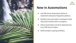 New in Automations
● Use FME Server Automations Writer to
implement enterprise Integration patterns.
● Disallow concurrent jobs in workspace node;
skip a job if another job is in progress.
● Add an Automation and all its dependencies
to an FME Server Project.
● Build Complex Looping workflows.
 