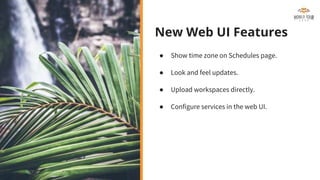 New Web UI Features
● Show time zone on Schedules page.
● Look and feel updates.
● Upload workspaces directly.
● Configure services in the web UI.
 