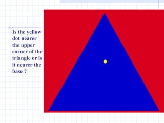Is the yellow dot nearer the upper corner of the triangle or is it nearer the base ? 