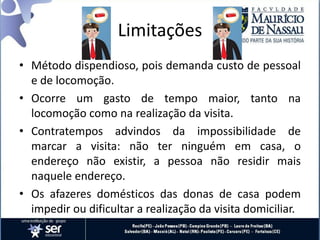 Limitações
• Método dispendioso, pois demanda custo de pessoal
e de locomoção.
• Ocorre um gasto de tempo maior, tanto na
locomoção como na realização da visita.
• Contratempos advindos da impossibilidade de
marcar a visita: não ter ninguém em casa, o
endereço não existir, a pessoa não residir mais
naquele endereço.
• Os afazeres domésticos das donas de casa podem
impedir ou dificultar a realização da visita domiciliar.
 