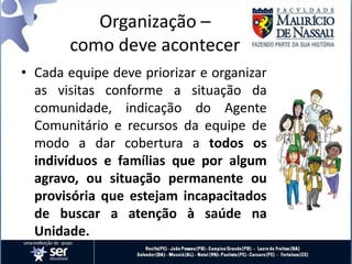 Organização –
como deve acontecer
• Cada equipe deve priorizar e organizar
as visitas conforme a situação da
comunidade, indicação do Agente
Comunitário e recursos da equipe de
modo a dar cobertura a todos os
indivíduos e famílias que por algum
agravo, ou situação permanente ou
provisória que estejam incapacitados
de buscar a atenção à saúde na
Unidade.
 