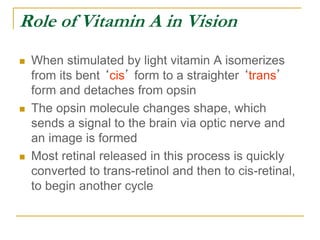 Role of Vitamin A in Vision
 When stimulated by light vitamin A isomerizes
from its bent ‘cis’ form to a straighter ‘trans’
form and detaches from opsin
 The opsin molecule changes shape, which
sends a signal to the brain via optic nerve and
an image is formed
 Most retinal released in this process is quickly
converted to trans-retinol and then to cis-retinal,
to begin another cycle
 
