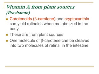 Vitamin A from plant sources
(Provitamin)
 Carotenoids (b-carotene) and cryptoxanthin
can yield retinoids when metabolized in the
body
 These are from plant sources
 One molecule of b-carotene can be cleaved
into two molecules of retinal in the intestine
 