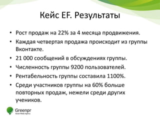 Кейс EF. Результаты
• Рост продаж на 22% за 4 месяца продвижения.
• Каждая четвертая продажа происходит из группы
  Вконтакте.
• 21 000 сообщений в обсуждениях группы.
• Численность группы 9200 пользователей.
• Рентабельность группы составила 1100%.
• Среди участников группы на 60% больше
  повторных продаж, нежели среди других
  учеников.
 