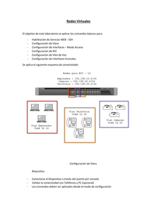 Redes Virtuales
El objetivo de este laboratorio es aplicar los comandos básicos para:
- Habilitación de Servcios WEB - SSH
- Configuración de Vlans
- Configuración de interfaces – Modo Acceso
- Configuración de RVI
- Configuración de Vlan de Voz
- Configuración de interfaces troncales
Se aplica el siguiente esquema de conectividad:
Configuración de Vlans
Requisitos:
- Conectarse al Dispositivo a través del puerto por consola
- Validar la conectividad con Teléfonos y PC (opcional)
- Los comandos deben ser aplicados desde el modo de configuración
 