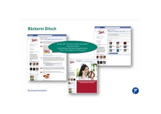 Die Zukunft verstehen.
Bäckerei Ditsch
Knapp 450 „Personen, denen das gefällt“
Interaktive Seite
Verschiedene individuelle Applikationen
Tell-a-friend App von FB integriert
 