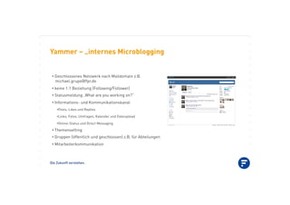 Die Zukunft verstehen.
Yammer – „internes Microblogging
•!Geschlossenes Netzwerk nach Maildomain z.B.
michael.grupe@ffpr.de
•!keine 1:1 Beziehung (Following/Follower)
•!Statusmeldung „What are you working on?“
•!Informations- und Kommunikationskanal
•!Posts, Likes und Replies
•!Links, Fotos, Umfragen, Kalender und Dateiupload
•!Online-Status und Direct Messaging
•!Themensetting
•!Gruppen (öffentlich und geschlossen) z.B. für Abteilungen
•!Mitarbeiterkommunikation
 