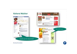 Die Zukunft verstehen.
Kelterei Walther
Knapp 800 „Personen, denen das gefällt“
Interaktive Seite inkl. Facebook Places
Über 2.600 Follower
 