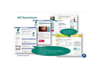Die Zukunft verstehen.
SNT Deutschland
•!Corporate Site
•!Interaktiver Austausch
•!Eigene Applikation über SNT (Employer Branding)
•!Einbindung einer umfangreichen Jobs- App inkl. aller
Social Media Vorzüge (teilen, bewerten,
weiterempfehlen)
•!Präsenz auf Kununu
•!Knapp 35.000 Abrufe
•!Dialogorientiert
 