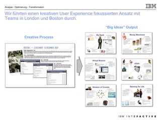 Analyse - Optimierung - Transformation


Wir führten einen kreativen User Experience fokussierten Ansatz mit
Teams in London und Boston durch.
                                                 “Big Ideas” Output

                   Creative Process




  63                                                    IBM   I N T E R A C T I V E
 