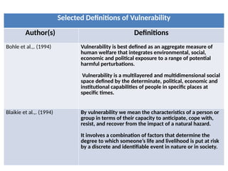 Selected Definitions of Vulnerability
Author(s) Definitions
Bohle et al.,. (1994) Vulnerability is best defined as an aggregate measure of
human welfare that integrates environmental, social,
economic and political exposure to a range of potential
harmful perturbations.
Vulnerability is a multilayered and multidimensional social
space defined by the determinate, political, economic and
institutional capabilities of people in specific places at
specific times.
Blaikie et al.,. (1994) By vulnerability we mean the characteristics of a person or
group in terms of their capacity to anticipate, cope with,
resist, and recover from the impact of a natural hazard.
It involves a combination of factors that determine the
degree to which someone’s life and livelihood is put at risk
by a discrete and identifiable event in nature or in society.
 