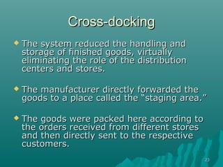 2323
Cross-dockingCross-docking
 The system reduced the handling andThe system reduced the handling and
storage of finished goods, virtuallystorage of finished goods, virtually
eliminating the role of the distributioneliminating the role of the distribution
centers and stores.centers and stores.
 The manufacturer directly forwarded theThe manufacturer directly forwarded the
goods to a place called the “staging area.”goods to a place called the “staging area.”
 The goods were packed here according toThe goods were packed here according to
the orders received from different storesthe orders received from different stores
and then directly sent to the respectiveand then directly sent to the respective
customers.customers.
 