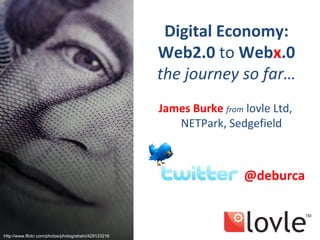 Digital Economy:
                                                     Web2.0 to Webx.0
                                                     the journey so far…
                                                     James Burke from lovle Ltd,
                                                        NETPark, Sedgefield



                                                                      @deburca



http://www.flickr.com/photos/photograham/429123216
 