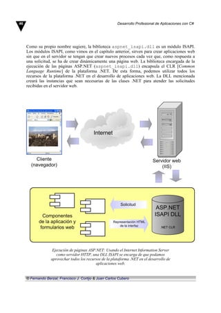 Como su propio nombre sugiere, la biblioteca aspnet_isapi.dll es un módulo ISAPI.
Los módulos ISAPI, como vimos en el capítulo anterior, sirven para crear aplicaciones web
sin que en el servidor se tengan que crear nuevos procesos cada vez que, como respuesta a
una solicitud, se ha de crear dinámicamente una página web. La biblioteca encargada de la
ejecución de las páginas ASP.NET (aspnet_isapi.dll) encapsula el CLR [Common
Language Runtime] de la plataforma .NET. De esta forma, podemos utilizar todos los
recursos de la plataforma .NET en el desarrollo de aplicaciones web. La DLL mencionada
creará las instancias que sean necesarias de las clases .NET para atender las solicitudes
recibidas en el servidor web.
Ejecución de páginas ASP.NET: Usando el Internet Information Server
como servidor HTTP, una DLL ISAPI se encarga de que podamos
aprovechar todos los recursos de la plataforma .NET en el desarrollo de
aplicaciones web.
46 Desarrollo Profesional de Aplicaciones con C#
© Fernando Berzal, Francisco J. Cortijo & Juan Carlos Cubero
 