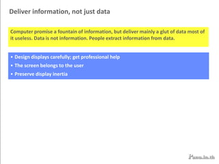 CollaborationDecisionBring it all togetherInvestigationThe goal is to produce profiles that describe the primary intended users of the software. The profile should include information such as job description, job seniority, education, salary, hourly versus salaried, how their performance is rated, age, computer skill level, and relevant physical or social characteristics. 